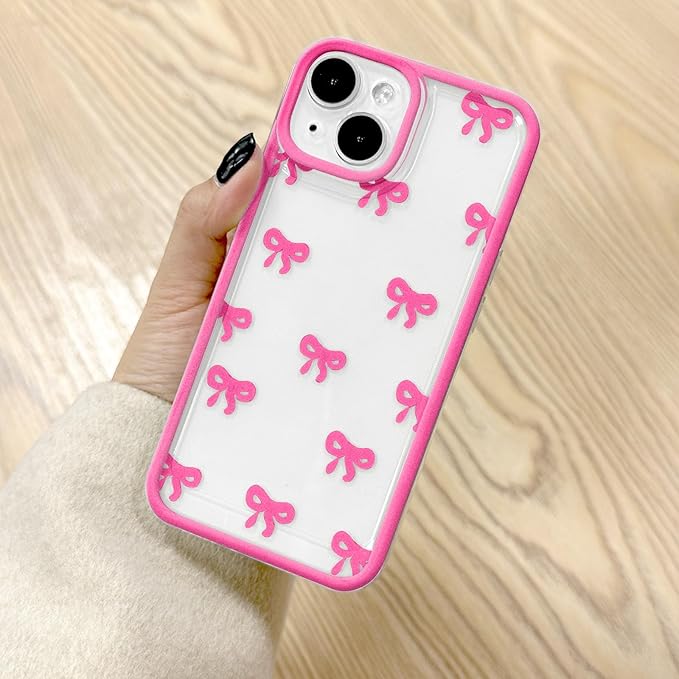 EYZUTAK Case for iPhone 15, Clear Cute Ribbon Bowknot Pattern Aesthetic Transparent Phone Case Raised Camera Protection Stylish Slim Soft Durable TPU Protective Cover for Women Girls - Rose Red