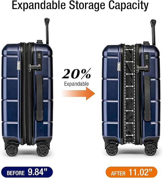 KYME Hardside Expandable Carry On Luggage 22x14x9 Airline Approved 20 Inch Hardshell Carry On Suitcase with Wheels TSA Lock Small Travel Rolling Luggage with Cup Holder for Women Men Navy