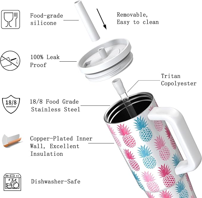 TILUCK 30 oz Tumbler with Handle, Vacuum Insulated Stainless Steel Travel Mug with 100% Leak-Proof Silicone Straw Lid, Cupholder Friendly Water Bottle(Pineapple, 30oz)