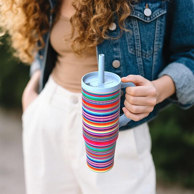 TILUCK 30 oz Tumbler with Handle, Vacuum Insulated Stainless Steel Travel Mug with 100% Leak-Proof Silicone Straw Lid, Cupholder Friendly Water Bottle(RainbowStripes, 30oz)