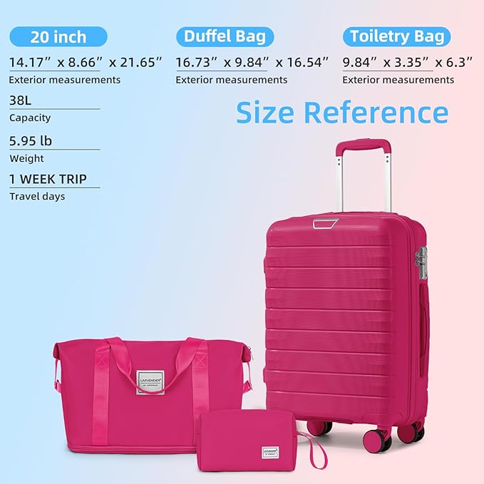 LARVENDER Luggage Sets 3 Piece, Hardside PP Carry On Suitcase with 360° Spinner Wheels TSA Lock Luggage Sets for Women, Beetroot Purple