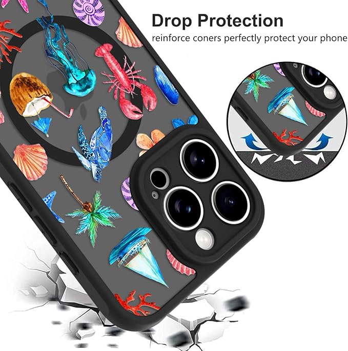 KANGHAR Case for iPhone 16 Pro Max [Compatible with Magsafe] Cute Flower Floral Sea Turtles Coconuts Jellyfish Collage Summer Pattern Protective Magnetic Case for Girls Women 6.9"