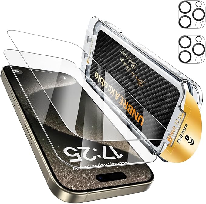 UNBREAKcable 2+2 Pack for iPhone 15 Pro Max Screen Protector & Lens Protector 【Military-Grade】【Easy Install】【Efficient Night Shot】9H+ Shatterproof Tempered Glass Film,Bubble-Free&Anti-Fingerprint ,Case Friendly-6.7 inch