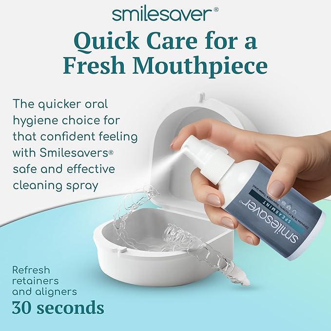 Smilesaver Retainer Cleaner - A Clean Label, Healthy Choice, 30 Sec Spray Cleaner for Retainers, Invisalign, & Dentures. Minty Taste. Portable, Convenient, No Rinsing. Protects Oral Health. (2oz)