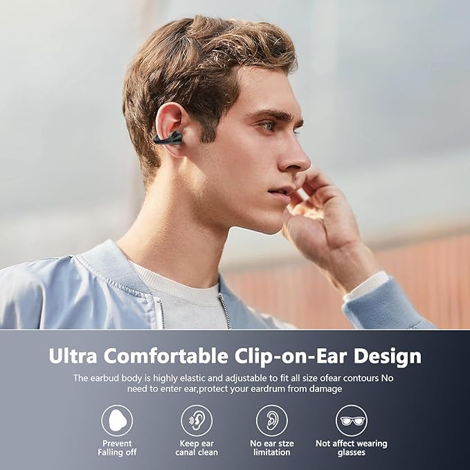 Open Ear Bone Conduction Headphones Bluetooth 5.3 Wireless Clip On Earbuds with Digital Display Charging Case 60 Hours Playtime Sport Earphones Built-in Mic IPX7 Waterproof for Running Fitness Black