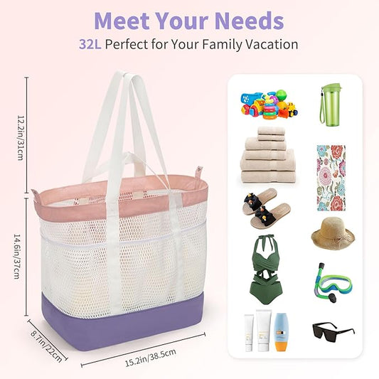 Mesh Beach Bag, Extra Large Beach Bags for Women, Lightweight Foldable Sandproof Tote Bag for Family & Vacation