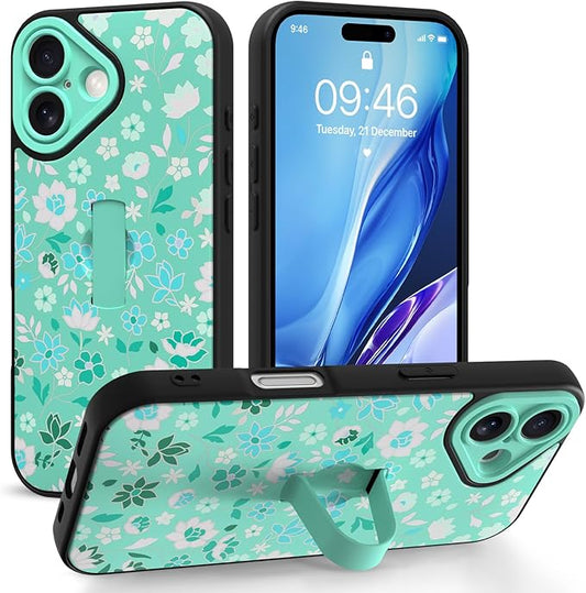 Compatible with iPhone 17 Case with Finger Hand Strap Kickstand, Cute Flowers Floral Phone Case for Girls Women Men, Full Camera Protection Shockproof Protective Cover, Green Flowers