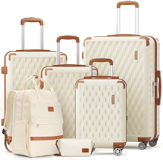 Melalenia Suitcase Sets 6 Piece Hard Shell Carry on Luggage with Spinner Wheels and TSA Lock, Lightweight Travel Backpack for Women, Beige Brown