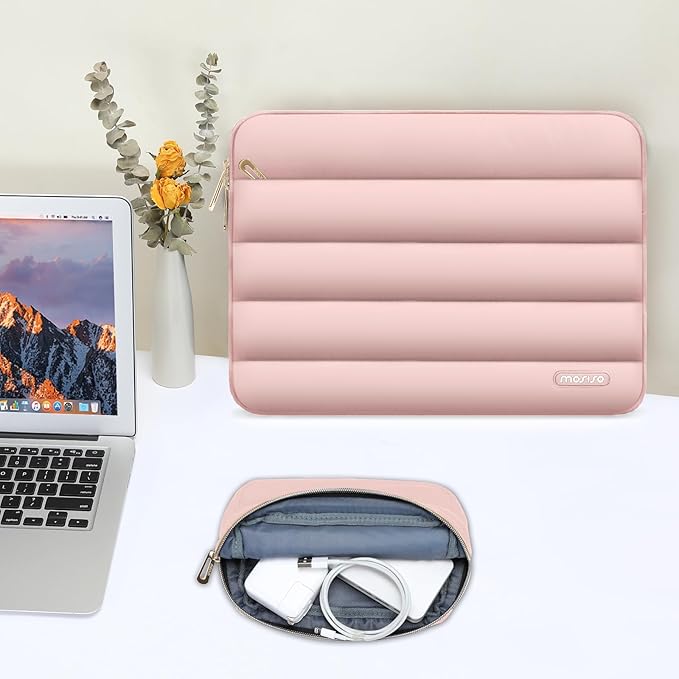 MOSISO 15-15.6 inch Laptop Case, 16 inch Puffy Laptop Sleeve Compatible with MacBook Pro 16, HP Dell ASUS Acer Toshiba Lenovo Notebook Computer, Polyester Horizontal Bag with Small Case, Pink