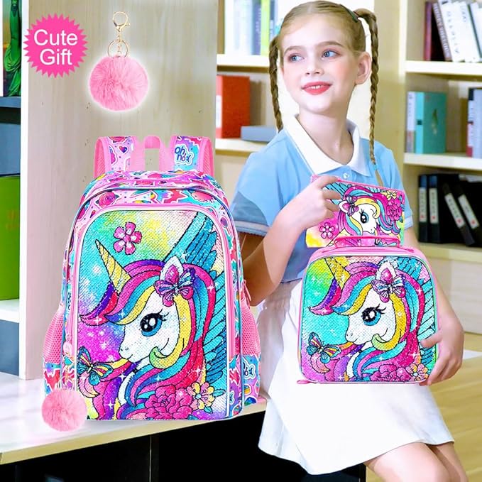3PCS Unicorn Backpack for Girls, 16" Kids Bookbag with Lunch Box，Sequins School Bags for Elementary Preschool Kindergarten (Pink)