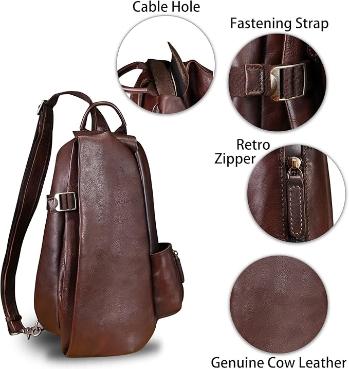 Genuine Leather Sling Bag Crossbody Purse Handmade Hiking Daypack Motorcycle Bag Retro Shoulder Backpack Vintage Chest Pack (Coffee)