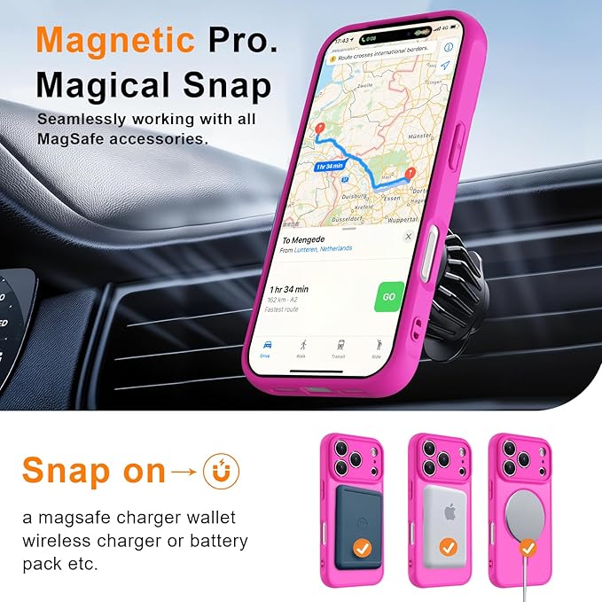 MOCCA Strong Magnetic Compatible with iPhone 17 Pro Max Case [Compatible with Magsafe] [Full Camera Protection] Slim Translucent Matte Shockproof Phone Case Cover 6.9",Hot Pink