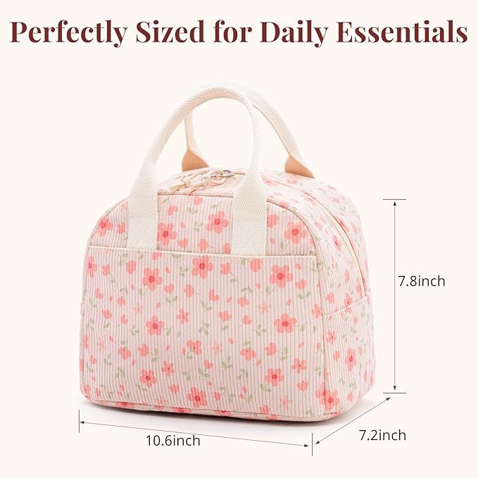 Insulated Pink Lunch Bag for Women, Stylish Corduroy Tote with Aluminum Lining, Large Capacity Reusable Cooler for Work, Travel, Beach or Picnic, Pink Floral Water-Resistant Lunch Box