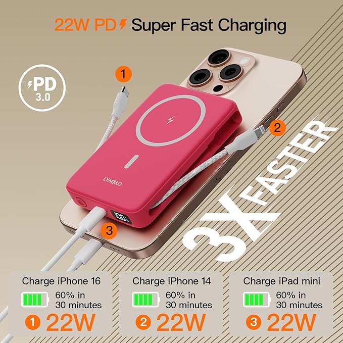 2025 Magnetic Battery Pack 16800mAh Mobile Power Bank, Portable Charger with Foldable Stand and Built-in Cable, 20W USB-C Fast Charging, Suitable for iPhone 17/16/15/14/13/12 Series