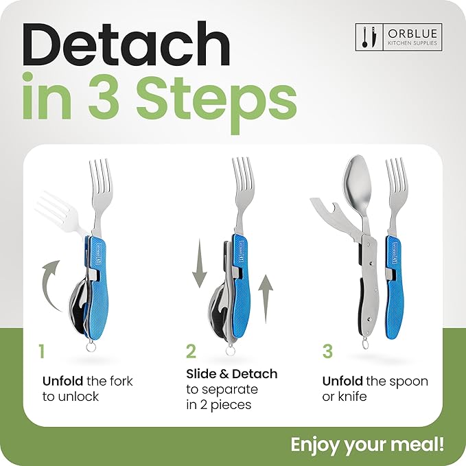 Orblue 4-in-1 Camping Eating Utensils, 2-Pack - Portable Spoon, Fork, Knife & Bottle Opener Combo Set - Stainless Steel Flatware with Detachable Fork - Travel, Backpacking Cutlery Multitool, Blue