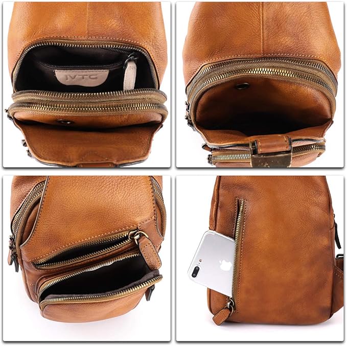 IVTG Genuine Leather Sling Bags for Men and Women Chest Shoulder Backpack Handmade Crossbody Motocycle Daypack