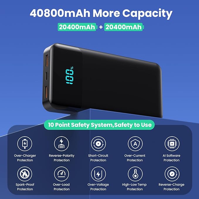 Portable Charger 40800mAh Power Bank with 3 Built-in Cable,25W PD USB C in&Out Power Bank Fast Phone Charging,QC4.0 LED Display Portable Battery Pack Compatible with iPhone 16/15, Galaxy Android-Black