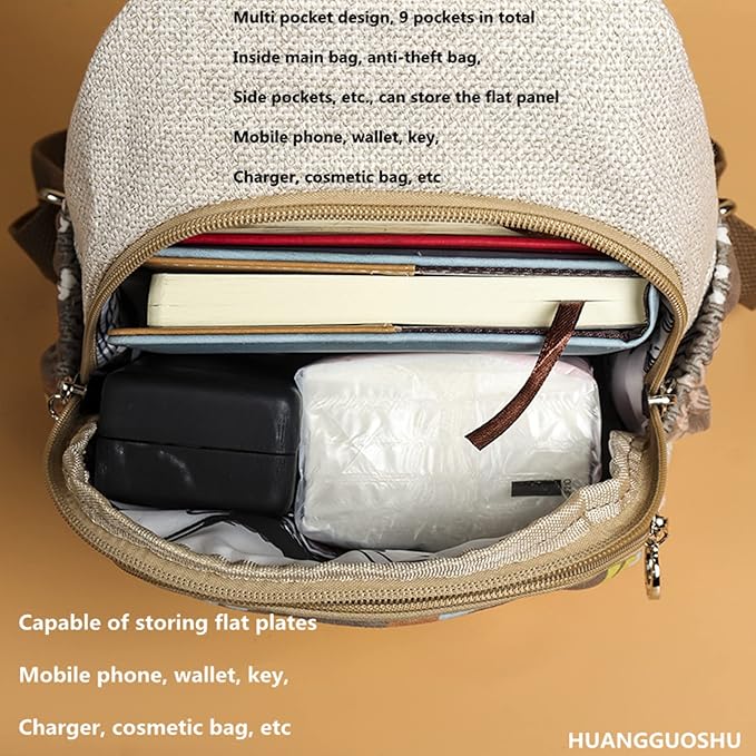 HUANGGUOSHU Women Cotton Woven Bohemian Hemp Boho Canvas Embroidery Multi Pocket Retro Cute Backpack Wallet Backpack White rabbit