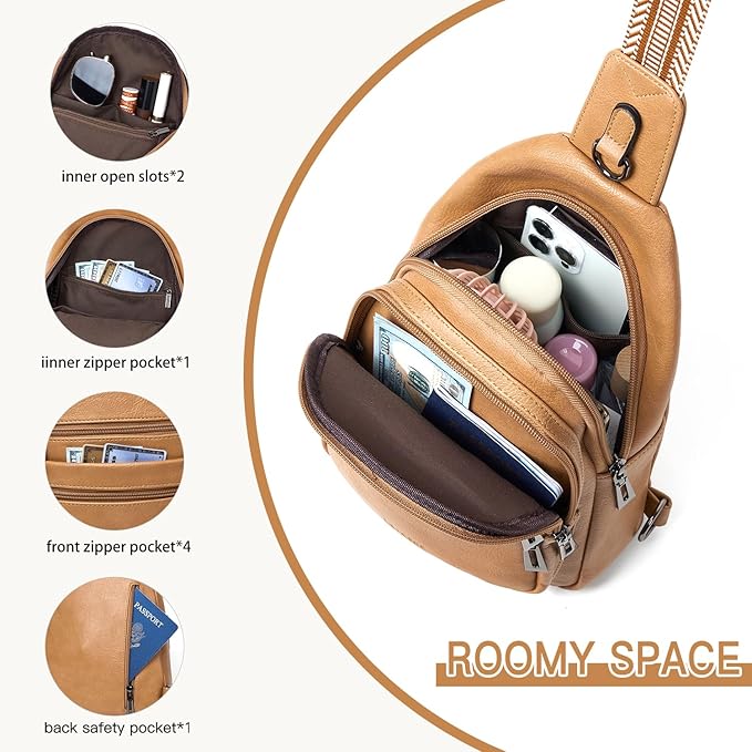 Sling Bag for Women Cross Body Purse Fanny Pack Sling Backpack Vegan Leather Shoulder Crossbody Bag Travel Tan