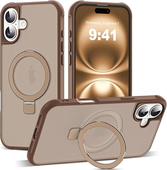 Compatible with iPhone 16 Plus Case with Invisible Magnetic O-Ring Stand Military-Grade Translucent Case for iPhone 16 Plus 6.7" [Compatible with Mag-Safe][Great Grip Feeling],Desert Brown