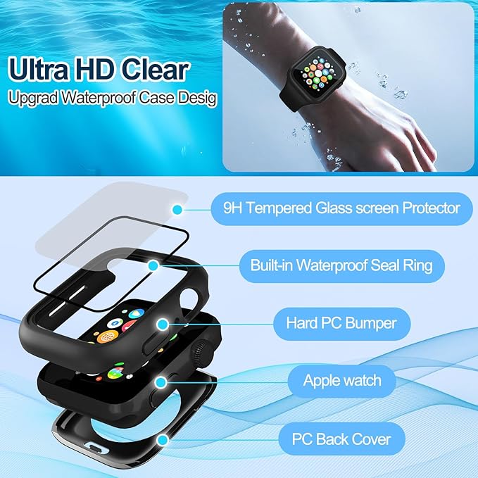 3 in 1 Waterproof Case for Apple Watch Screen Protector 40mm Series 4/5/6/SE/SE2/SE3(2025),with Tempered Glass 360° Protective Front and Back PC Bumper Cover Compatible iWatch 40mm