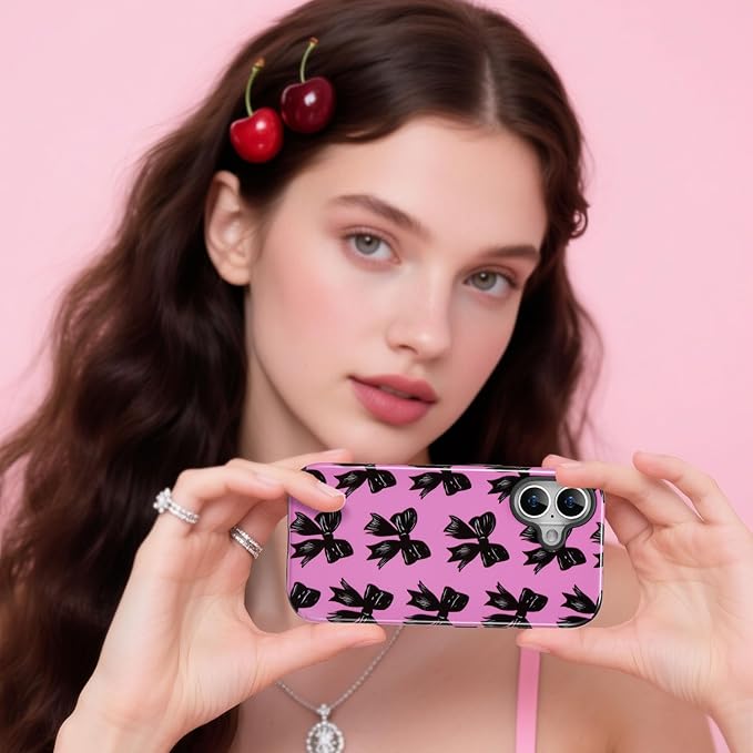 QLTYPRI Case for iPhone 16, Aesthetic Black Ribbon Bow Phone Case for Girls Women, Protective Hybrid 2-Layer Hard Shell Silicone Cover Durable Shockproof Phone Cover - Rose Red