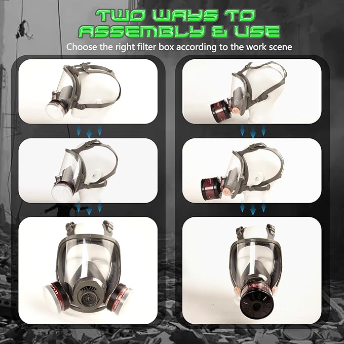 HANUU Gas Masks Survival Nuclear and Chemical, Gas Mask with 40mm Activated Carbon Filter and P-A-1 Filters, Tactical Full Face Respirator Mask for Vapor Chemicals Spray Paint Resin Dust (2 Pack)