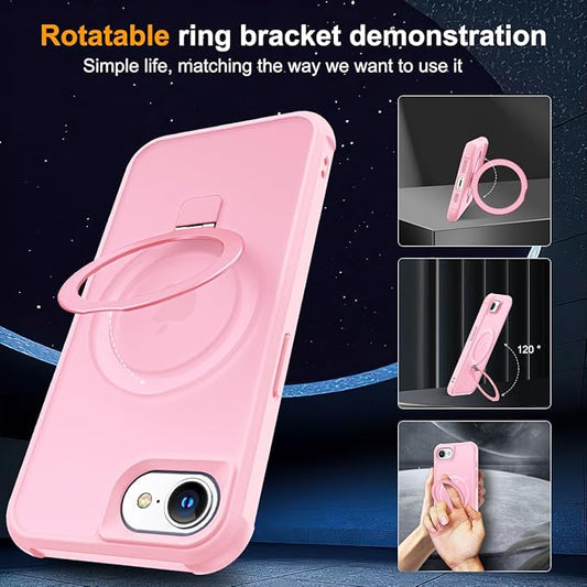 Compatible with iPhone 16E Case with Invisible Magnetic O-Ring Stand Military-Grade Translucent Case for iPhone 16E 6.1" 2025 [Compatible with Mag-Safe][Great Grip Feeling], Pink