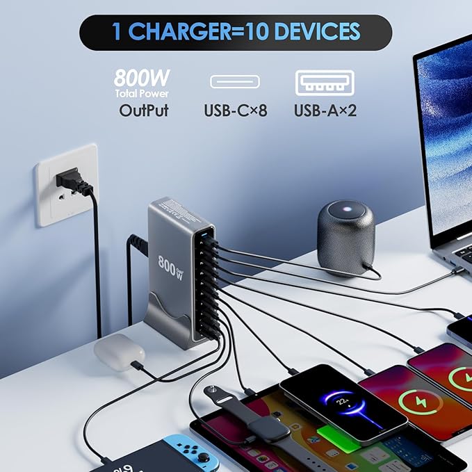 800W USB C Charger Block, 10 Port Charging Station, GaN Ⅲ Charging Station for Multiple Devices, Travel Charger for Multiple Devices, USB C Charging Hub Compatible with MacBook iPhone iPad Dell
