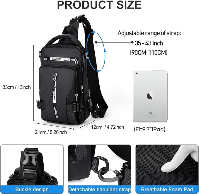 Large Black Sling Bag for Men Women, Mini Anti Theft One Strap Motorcycle Sling Backpack, Small Sling Chest Bag Daypack Crossbody Backpack with Usb Port for Casual Travel Hiking Gym Outdoor Sports