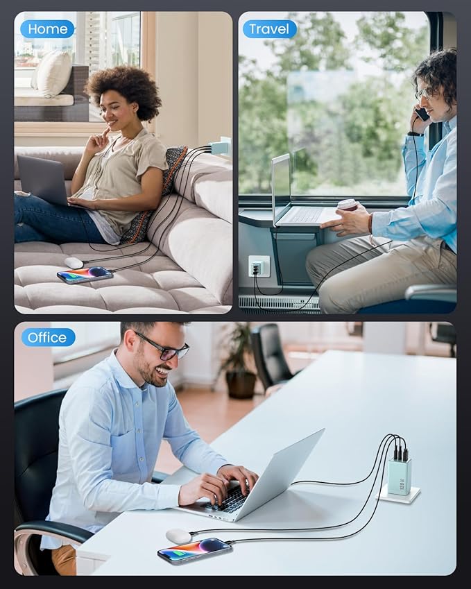 128W USB C Wall Charger,GaN III 3-Port Fast Charging Station,PD QC Foldable Charger Block Portable 65W Laptop Adapter for MacBook Pro/Air,iPad Pro,Galaxy S23,Dell XPS 13,iPhone 16/15/Pro etc