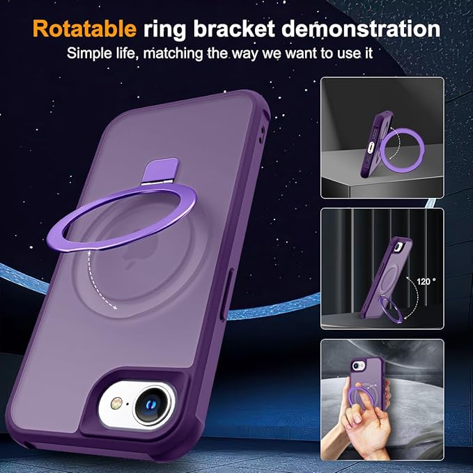 Compatible with iPhone 16E Case with Invisible Magnetic O-Ring Stand Military-Grade Translucent Case for iPhone 16E 6.1" 2025 [Compatible with Mag-Safe][Great Grip Feeling], Purple