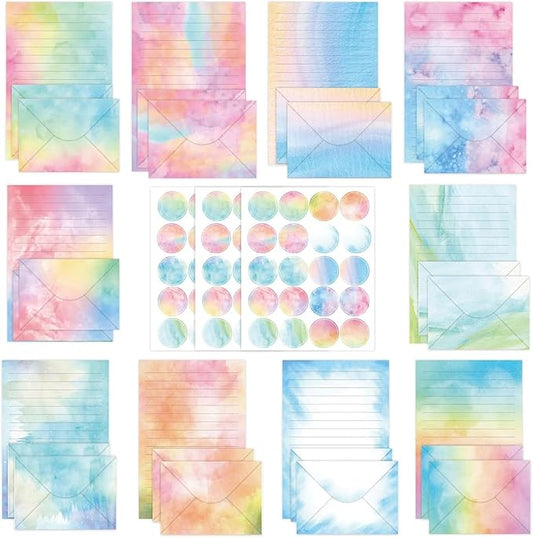 160 Pcs Stationery Paper Envelopes Set Includes 50 Lined Writing Paper & 50 Envelopes with 60 Colorful Round Dot Stickers, Cute Vintage Watercolor Letter Writing Stationery Paper Envelopes(10Style)