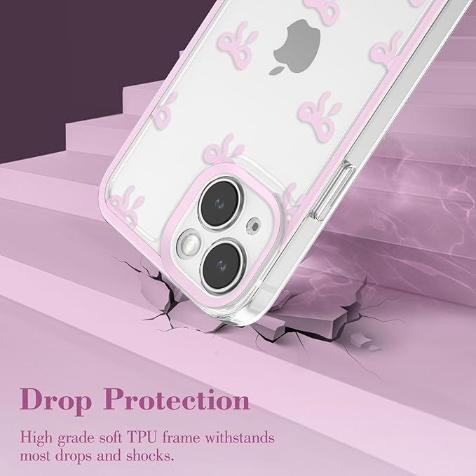 EYZUTAK Case for iPhone 15 Plus, Clear Cute Ribbon Bowknot Pattern Aesthetic Transparent Phone Case Raised Camera Protection Stylish Slim Soft Durable TPU Protective Cover for Women Girls - Pink
