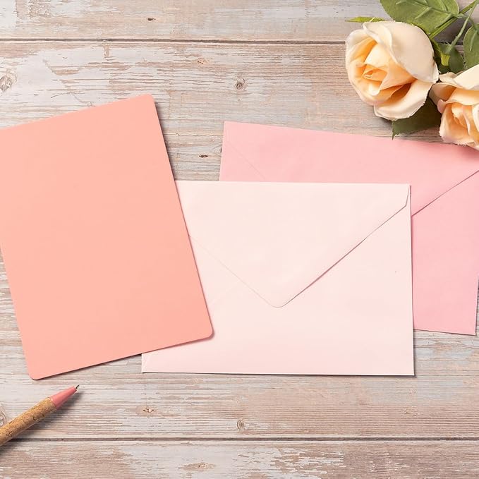 Wishop 25 Pieces A7 Colored Envelopes with Cards and Stickers Set 5 Colors for Weddings, Invitations, Birthday, Baby Shower, 5x7 inches (Pink 5Colors)