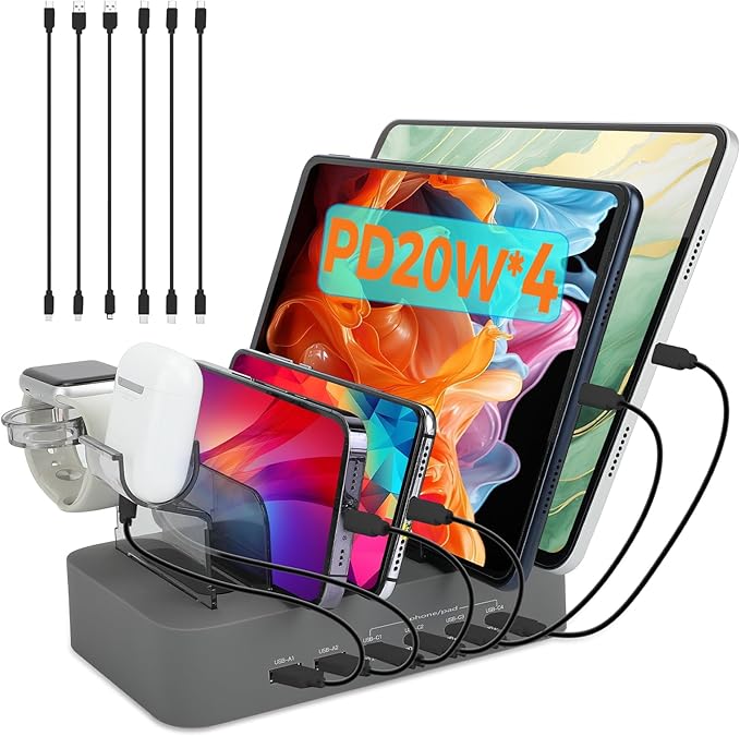 USB C Charging Station for Multiple Devices Apple,100W 4 PD and 2 USB Charger Stations Compatible with Apple iPhone iPad and Android Phone and Tablet,Type C Multi Charging Station