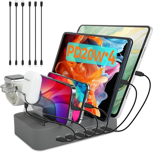 USB C Charging Station for Multiple Devices Apple,100W 4 PD and 2 USB Charger Stations Compatible with Apple iPhone iPad and Android Phone and Tablet,Type C Multi Charging Station