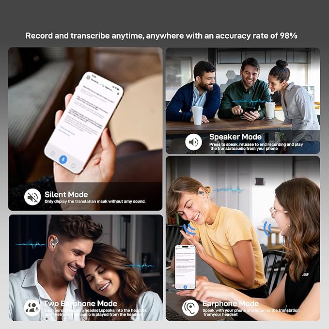 Translation Earbuds Real Time - 144 Language Ai Translator Earbuds, 3 in 1 Wireless Bluetooth Headphones Translator Device for iOS and Android, Simultaneous Wireless Bluetooth Translation, Black