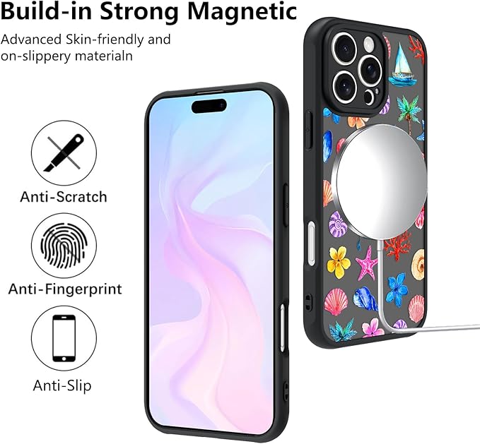 KANGHAR Case for iPhone 16 Pro Max [Compatible with Magsafe] Cute Flower Floral Sea Turtles Coconuts Jellyfish Collage Summer Pattern Protective Magnetic Case for Girls Women 6.9"