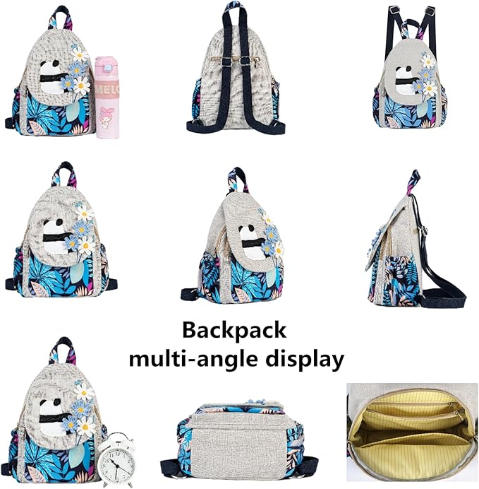 HUANGGUOSHU Women Cotton Woven Bohemian Hemp Boho Canvas Embroidery Multi Pocket Retro Cute Backpack Wallet Backpack Whimsical Cat