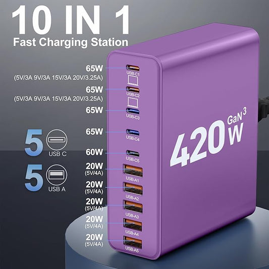 420W USB C Charger Block,10-Port Charging Station GaN Fast Charging Type C & USB A Wall Charger Adapter for MacBook Pro/Air,iPhone,iPad,Dell XPS,Samsung Galaxy(Purple)