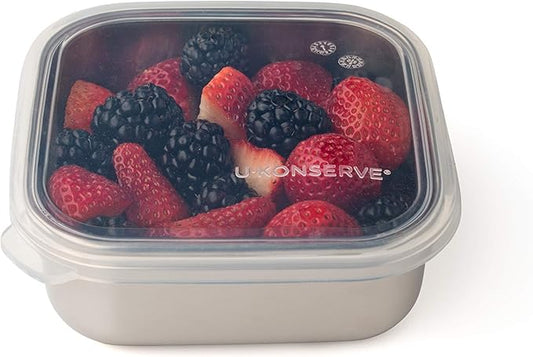 U Konserve Stainless Steel Food Storage Bento Box Container, Leak Proof Silicone Lid Dishwasher Safe - Plastic Free (15oz Clear)