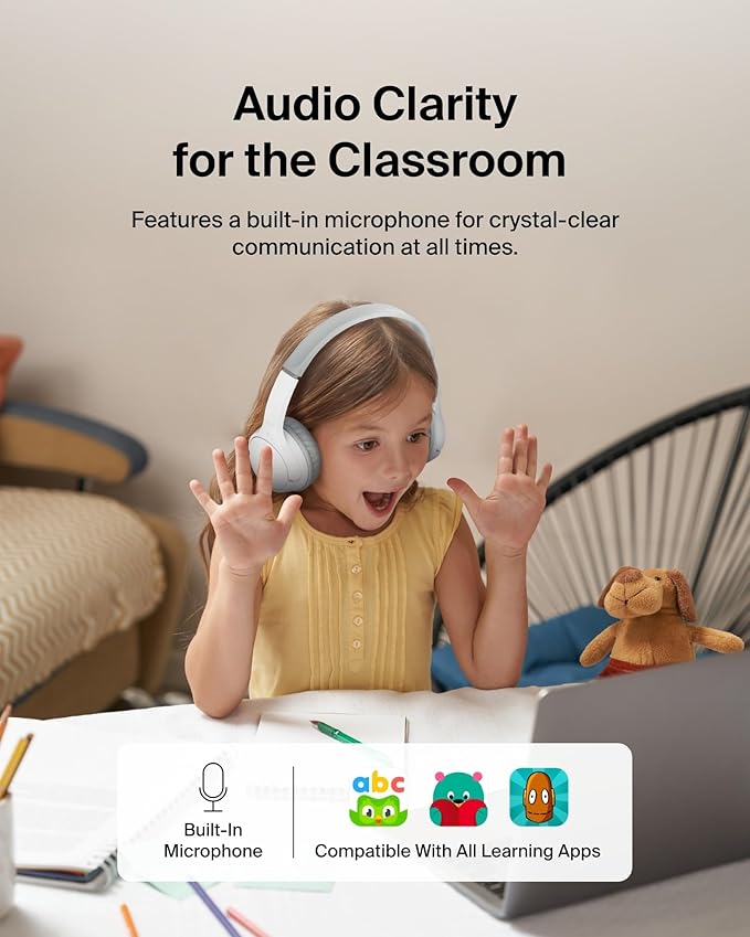 Belkin SoundForm Mini - Wireless Bluetooth Kids Headphones, 30H Battery, 85dB Safe Volume Limit, Built-in Microphone - Toddler On-Ear Earphones for iPhone, iPad, Fire Tablet, Ideal for School - White