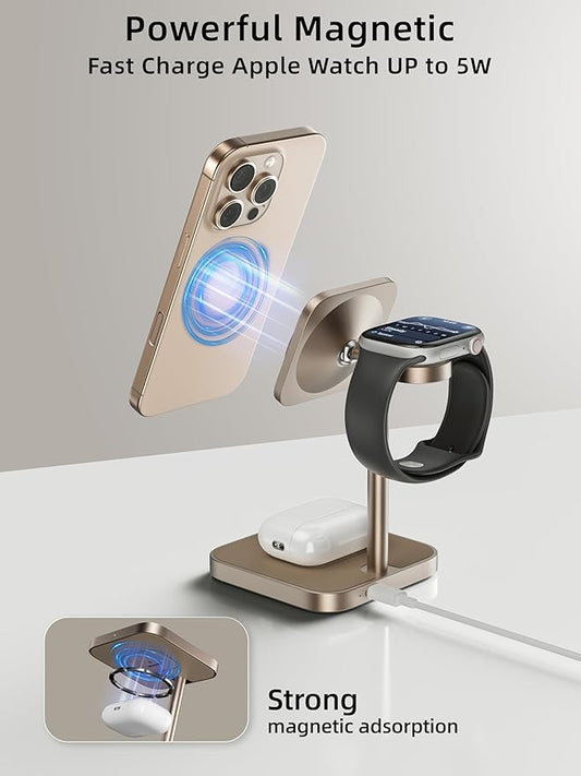 [Qi2 Certified ] LULULOOK 3 in 1 Charging Station with MagSafe, 15W QI2 Wireless Charger Stand Magnetic Charger for iPhone 17/16/15/14/13/12 Series, AirPods Pro/3/4, Apple Watch with 30W PD Adapter