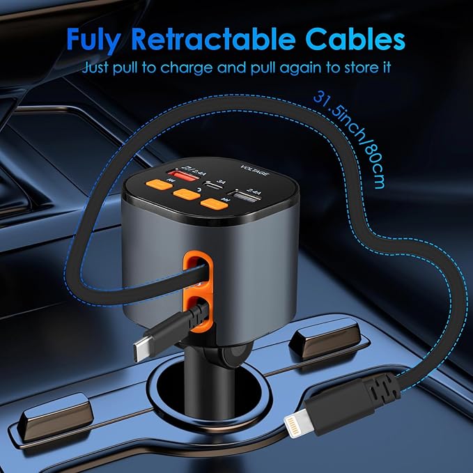 Retractable Car Charger,5 in 1 Fast Cars Phone Charger 90W,Bluetooth 5.3 FM Transmitter Adapter,Handsfree Call,2 Retractable Cables and USB Chargers for iPhone17/16 15/14/13