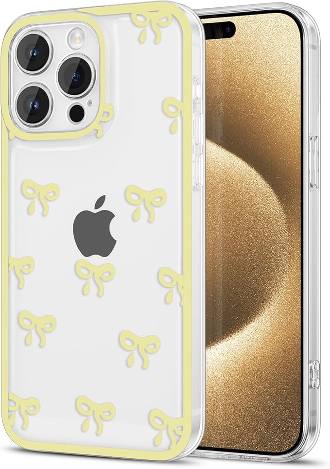 EYZUTAK Case for iPhone 15 Pro, Clear Cute Ribbon Bowknot Pattern Aesthetic Transparent Phone Case Raised Camera Protection Stylish Slim Soft Durable TPU Protective Cover for Women Girls - Yellow