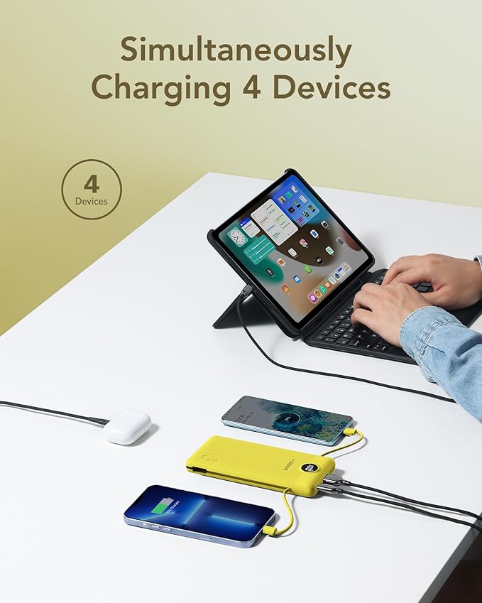 VEGER Portable Charger with Built-in AC Plug and Cables, All in One 10000mAh Ultra-Slim Power Bank, 15W Fast Charging for iPhone, Samsung, Android, Travel Essential (Yellow)