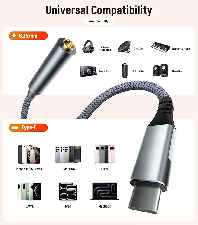 USB C to 1/4 Headphone Adapter 3.3ft/1M, 1/4 Inch 6.35mm TRS Female to USB C Stereo Jack Headphone Adapter Cable for Amplifiers, Mixers, Home Theater, Smartphones, Laptops