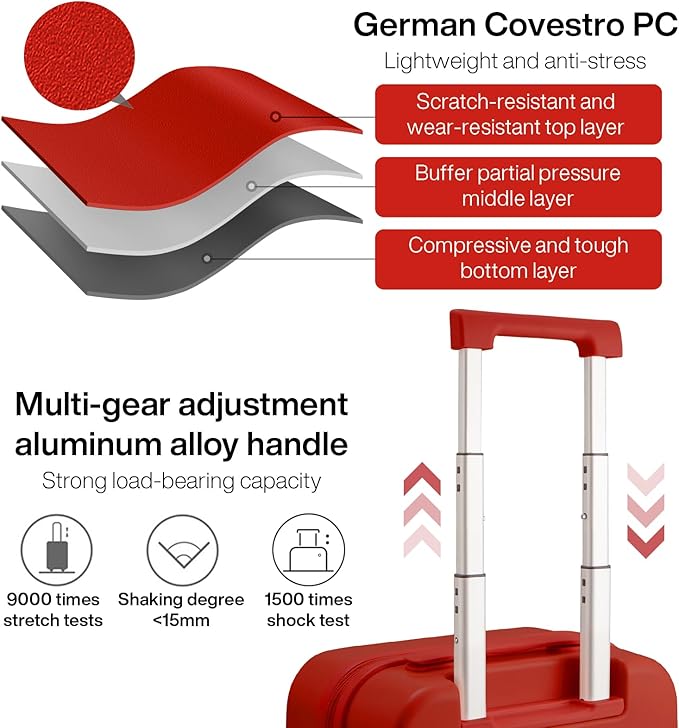 mixi Carry on Luggage, Suitcase with Spinner Wheels 16in Luggage Hardshell Lightweight Rolling Suitcases PC with Cover & TSA Lock, Red