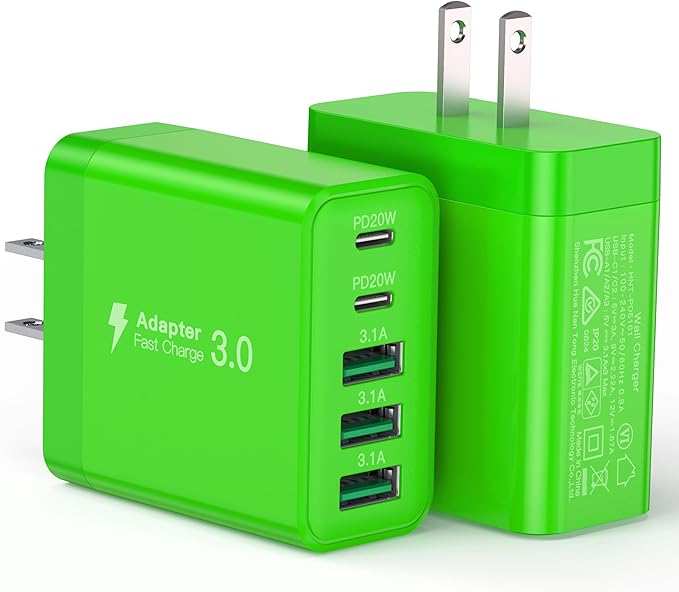 [2-Pack] USB C Wall Charger, 50W Fast USB C Charger Block, 5-Port PD Power Adapter + QC Wall Plug Multiport Type C Charging Block Cube Compatible with iPhone 16 15 14 13 12 11 Pro Max XR XS, Green